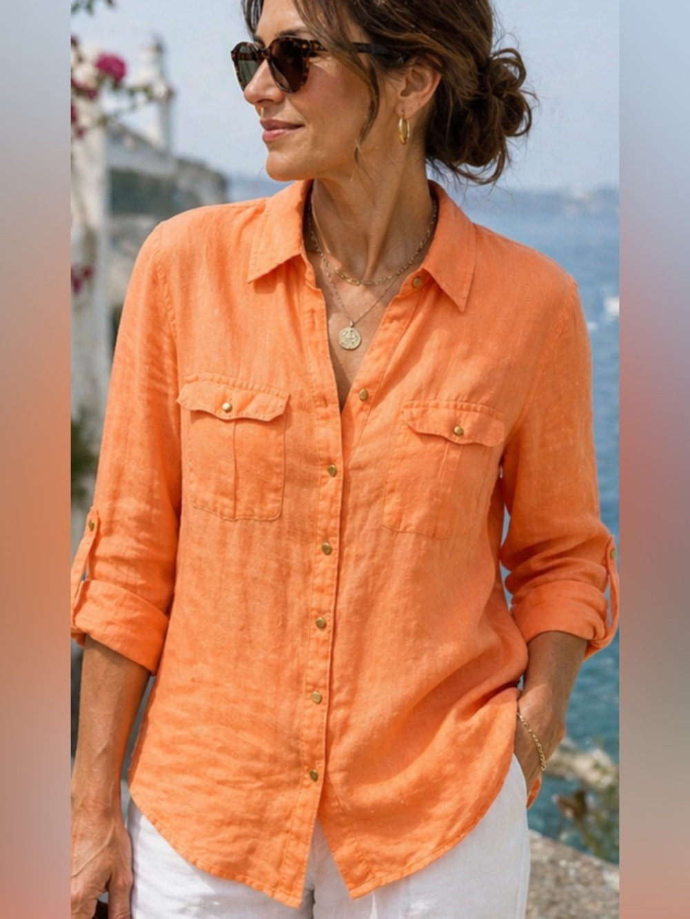 Chico’s Linen Shirt Orange Lightweight Summer Button Down Size 1